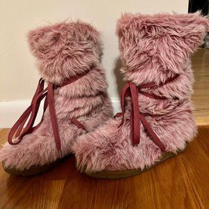 Lower East Side Pink Monster Faux Fur Lace up Boots 5 6 6.5 RARE